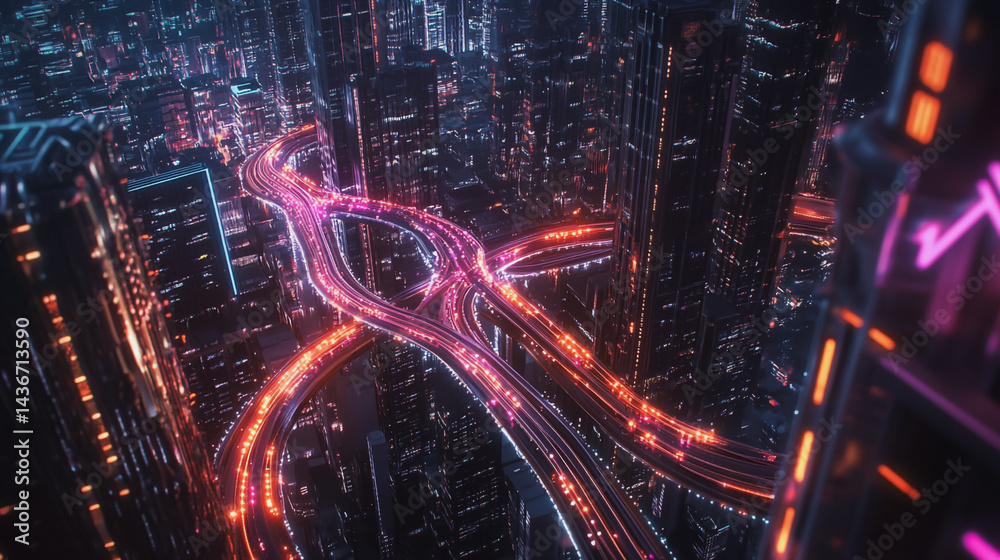 Obraz premium Night lights, a city of modern business and smart digital innovation with a network of interconnected rewards over the cityscape of the future smart wireless digital city and social media network that