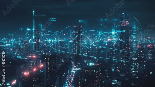 Wallpaper Mural Night lights, a city of modern business and smart digital innovation with a network of interconnected rewards over the cityscape of the future smart wireless digital city and social media network that Torontodigital.ca