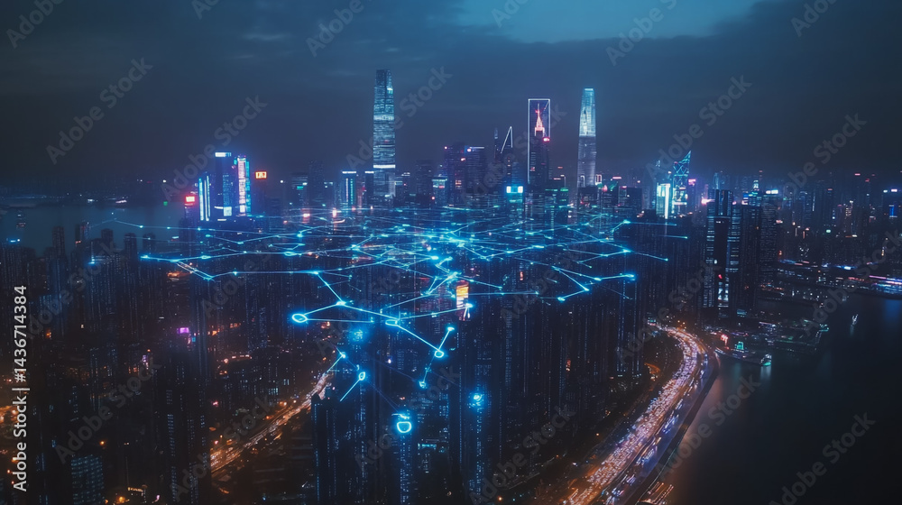 Fototapeta premium Night lights, a city of modern business and smart digital innovation with a network of interconnected rewards over the cityscape of the future smart wireless digital city and social media network that