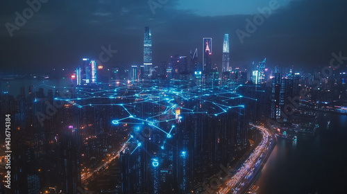 Wallpaper Mural Night lights, a city of modern business and smart digital innovation with a network of interconnected rewards over the cityscape of the future smart wireless digital city and social media network that Torontodigital.ca