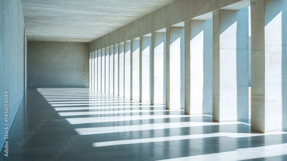 Fototapeta premium Sunlit Modern Hallway, Columns, Minimalist Architecture, Empty Space, Background Sea