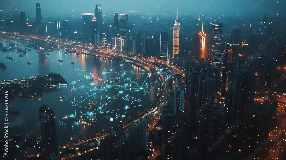 Fototapeta premium Night lights, a city of modern business and smart digital innovation with a network of interconnected rewards over the cityscape of the future smart wireless digital city and social media network that