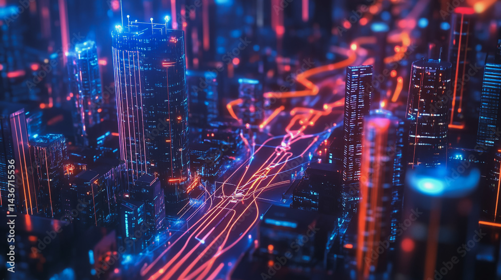 Obraz premium Night lights, a city of modern business and smart digital innovation with a network of interconnected rewards over the cityscape of the future smart wireless digital city and social media network that