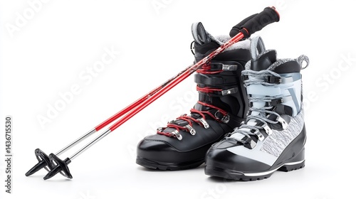 Pair of ski boots and poles poised for winter adventures on a pristine white backdrop