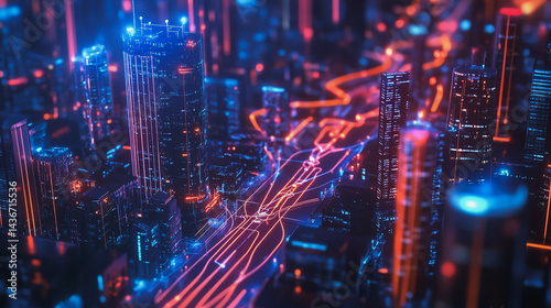 Wallpaper Mural Night lights, a city of modern business and smart digital innovation with a network of interconnected rewards over the cityscape of the future smart wireless digital city and social media network that Torontodigital.ca