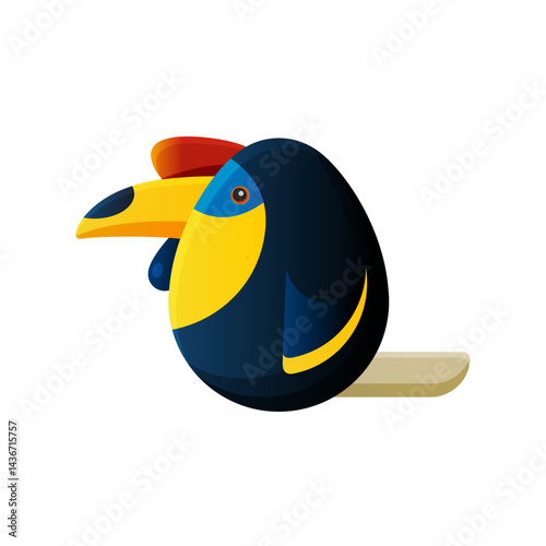 Colorful vector illustration of Hornbill isolated on white background. Egg shaped bird