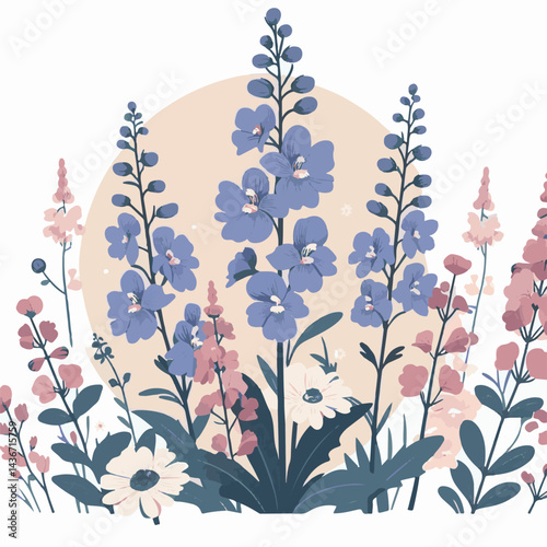 larkspur, flower, blossom, plant, floral, botanical, nature, isolated, illustration, drawing, hand drawn, marigold, graphic, garden, daffodil, vector, rose, art, design, set, summer, background, daisy