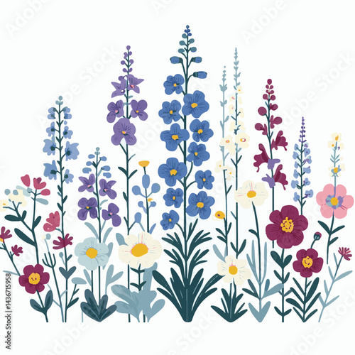 larkspur, flower, blossom, plant, floral, botanical, nature, isolated, illustration, drawing, hand drawn, marigold, graphic, garden, daffodil, vector, rose, art, design, set, summer, background, daisy