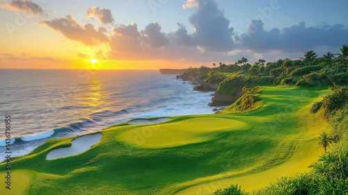 Fantasy Coastal Golf Course at Sunset, Tropical Paradise Dream