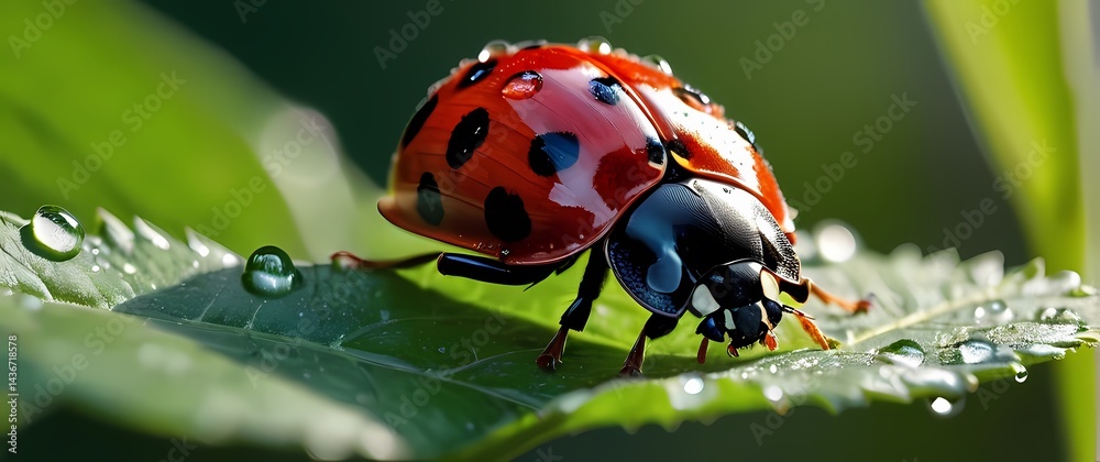 Obraz premium Detailed macro of a bright red and black ladybug navigating dew drops littered leaf in crisp morning light