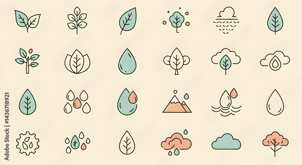Fototapeta premium A collection of nature themed icons including leaves trees clouds and water drops on a light background