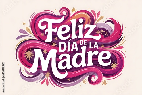 Festive Feliz Dia de la Madre Design with Swirling Decoration and Star Accents