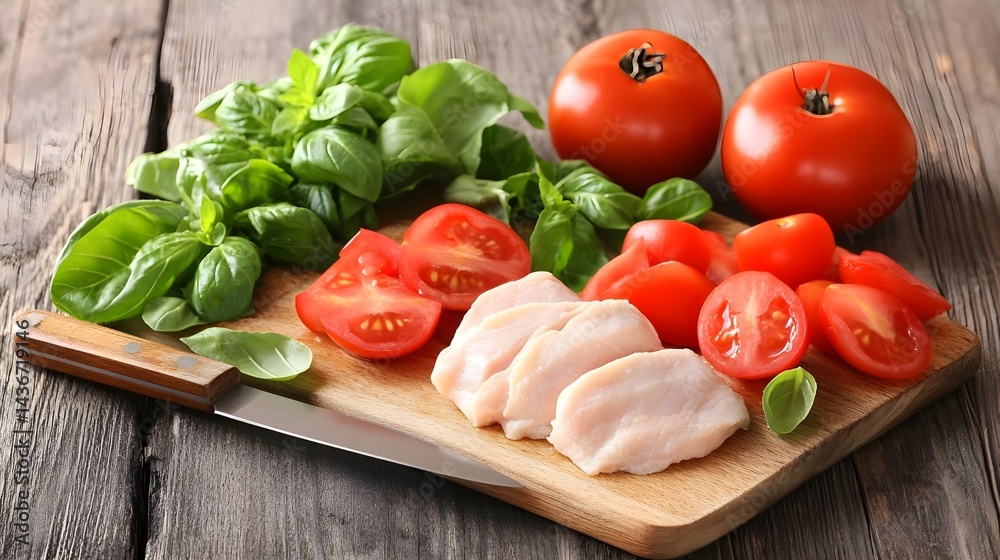 Fresh Vegetables and Chicken on Wooden Kitchen Surface Fresh Vegetables and Chicken on Wooden Kitchen Surface