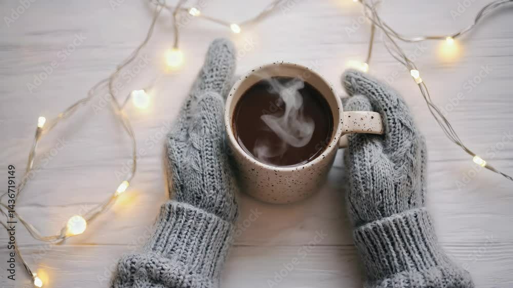 Close-up of steaming hot chocolate held by hands in knitted gloves with illuminated string lights on a white wooden table.