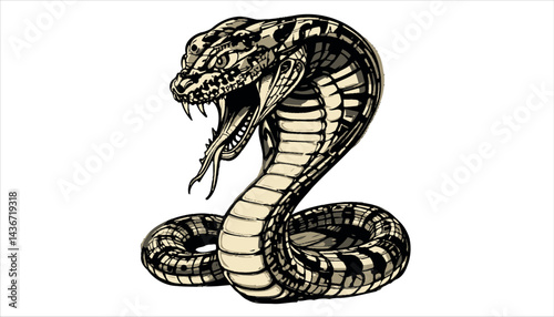 A cute black and white cartoon cobra, a venomous viper reptile, is designed as a serpent symbol in a wild silhouette art