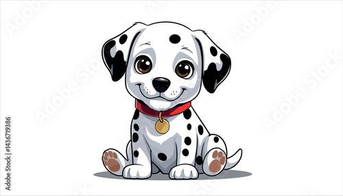 A cute white Dalmatian puppy with black spots, a beloved domestic pet and canine breed.