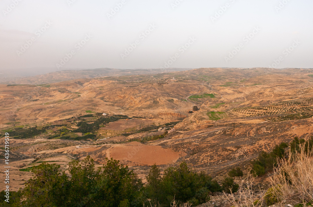 A barren desert landscape with a few trees and a small house in the distance A barren desert landscape with a few trees and a small house in the distance