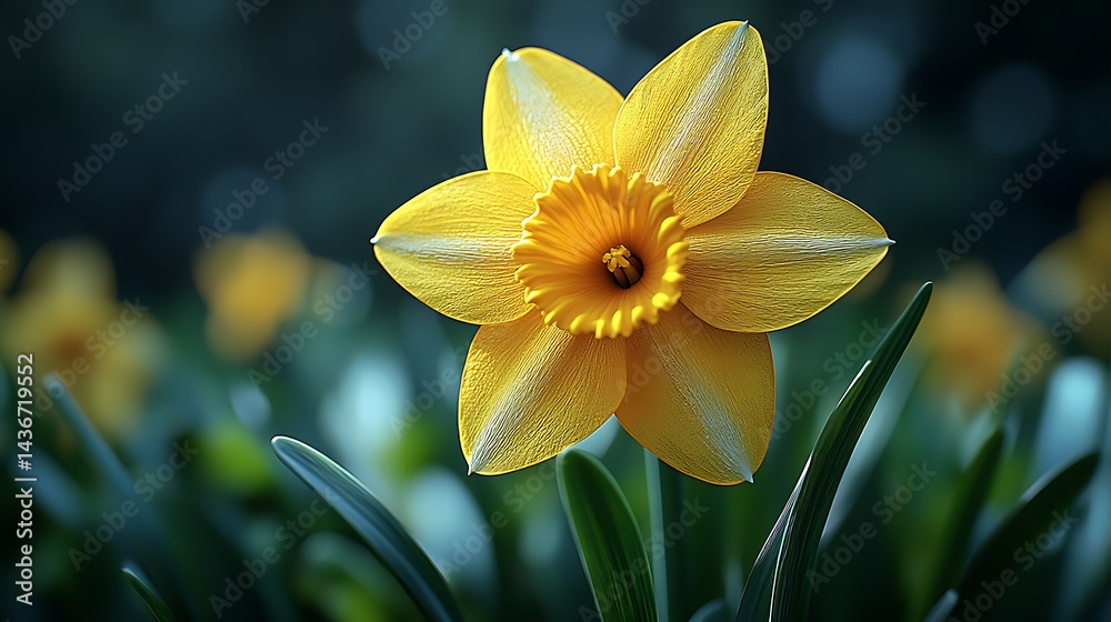 Fototapeta premium Vibrant yellow daffodil blooming amidst lush green foliage in a serene garden setting