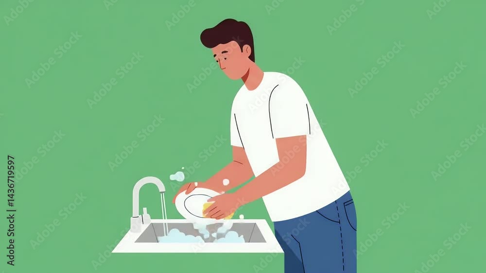 Man Washing Dish with Sponge in Kitchen Sink Animation Man Washing Dish with Sponge in Kitchen Sink Animation