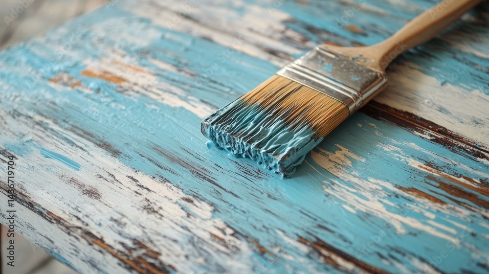 Fototapeta premium Home improvement project with paintbrush and vintage furniture restoration.