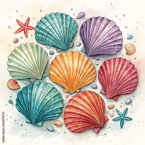 elegant blue and white and colorful sea shells pattern on a minimalistic background