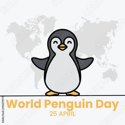 Cute little penguin. Vector flat cartoon illustration isolated on white. Banner, postcard. Penguin awareness day. World Penguin Day, Inscription, signed picture. Character, Antarctic animal, Polar.