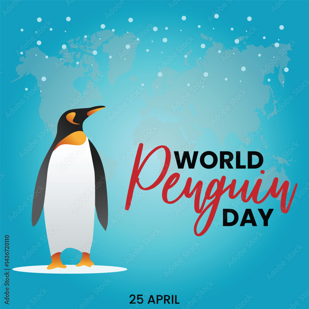 Naklejka premium Cute little penguin. Vector flat cartoon illustration isolated on white. Banner, postcard. Penguin awareness day. World Penguin Day, Inscription, signed picture. Character, Antarctic animal, Polar.