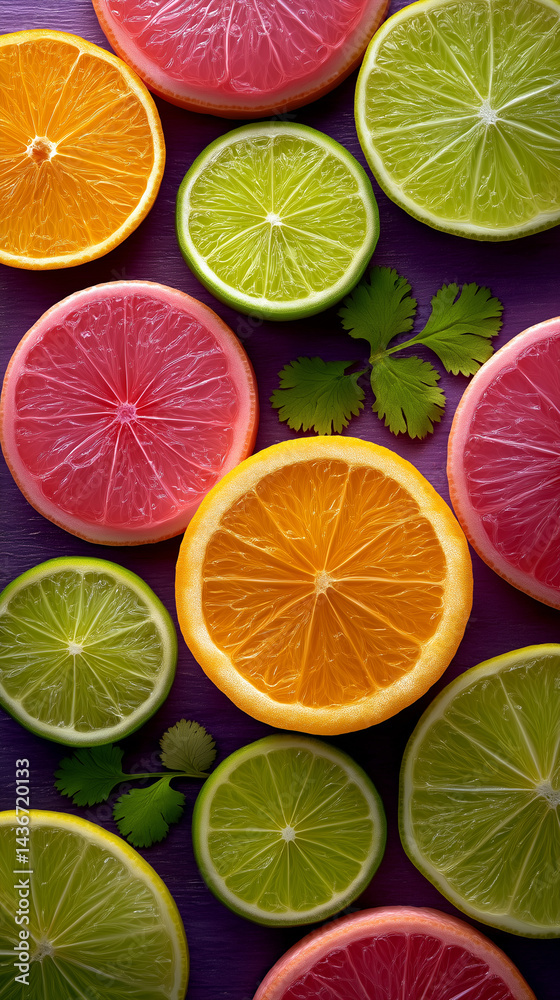 Fototapeta premium Citrus Slices: A vibrant display of sliced citrus fruits, showcasing the juicy textures and bright colors of grapefruit, lime, and orange.