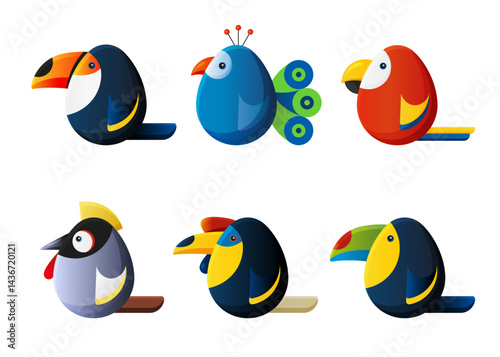 Set of vector illustrations. Funny Egg shaped exotic birds. Pictures for kids 