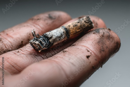 Holding a Discarded Cigarette Butt in a Grimy Hand Showing Dirt and Wear - Detailed Close Up of Smoking Waste