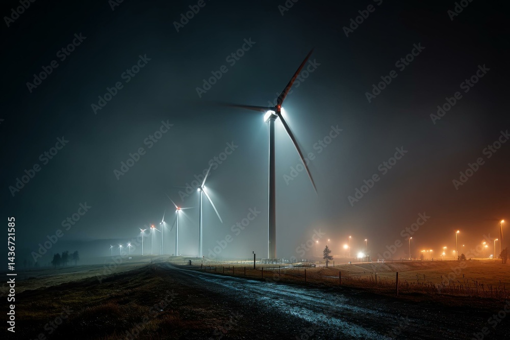 Obraz premium Wind farm at night featuring several turbines with rotating blades under foggy condition and lit with spotlights.