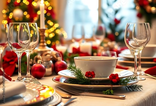 table set for christmas dinner with candles and decorations