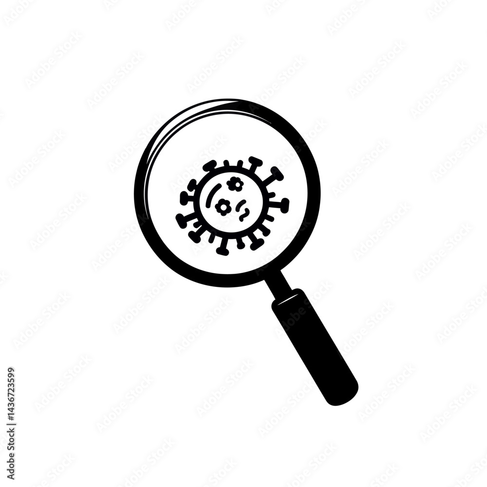 An icon of a virus under a magnifying glass, isolated on a white background, representing Corona virus Covid An icon of a virus under a magnifying glass, isolated on a white background, representing Corona virus Covid