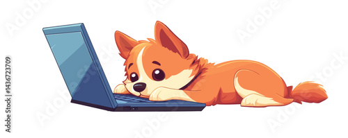 An adorable dog is featured at a laptop, while a comical puppy is online, highlighting the amusing sight of a happy doggy using a PC