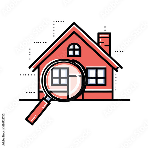 A black line search house icon is isolated on a white background, symbolizing real estate with a house under a magnifying glass, as part of a set of colorful modern icons