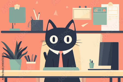 At home, the cat works on its laptop, as shown in a flat illustration style