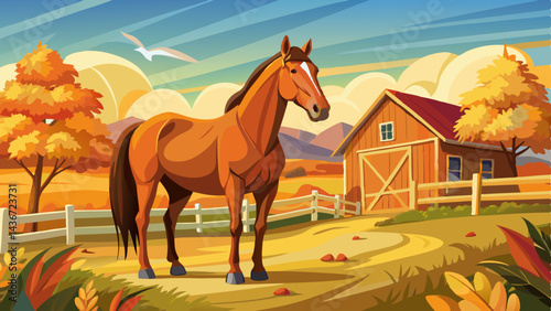 A beautiful brown horse stands by a fence in a picturesque autumn farm setting with colorful trees and a rustic barn in the background, under a partly cloudy sky