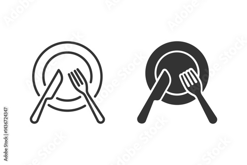 Icon of a plate, knife, and fork, perfect for illustrating dining or food-related concepts. Minimalist design for use in various applications