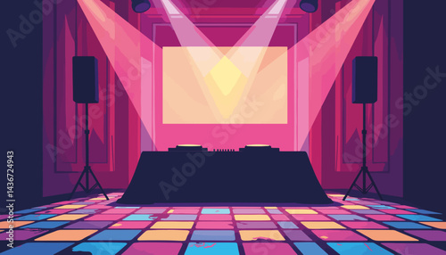 Colorful DJ booth at vibrant dance party, energetic nightlife atmosphere