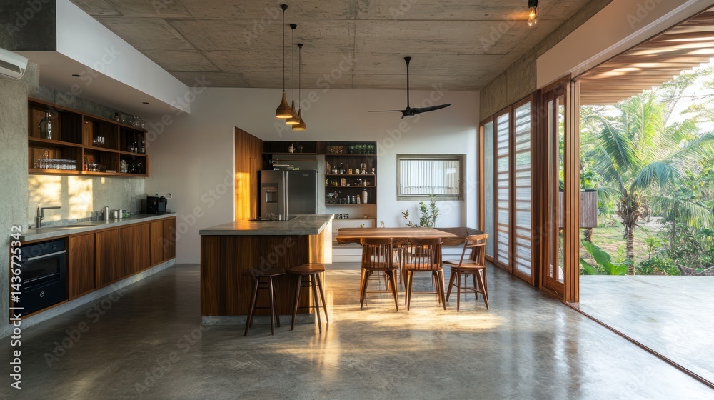 Fototapeta premium Tropical modern kitchen, dining area, open plan design, sunlight, patio view, home decor