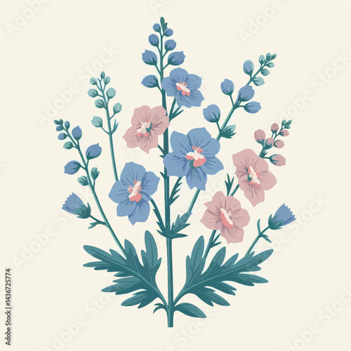 larkspur, flower, blossom, plant, floral, botanical, nature, isolated, illustration, drawing, hand drawn, marigold, graphic, garden, daffodil, vector, rose, art, design, set, summer, background, daisy