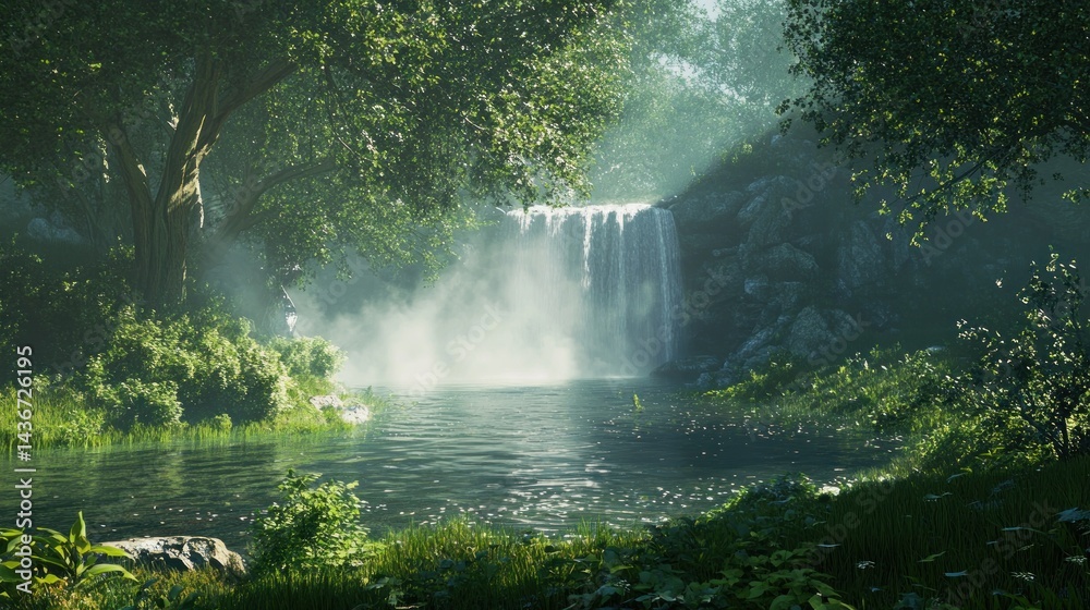 Lush, tranquil forest scene with cascading waterfall. Sunlight filters through verdant canopy, illuminating a serene river Lush, tranquil forest scene with cascading waterfall. Sunlight filters through verdant canopy, illuminating a serene river
