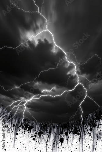 Dramatic black and white lightning storm in the sky, high contrast.
