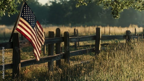 Rustic American flag draped over a weathered wooden fence.