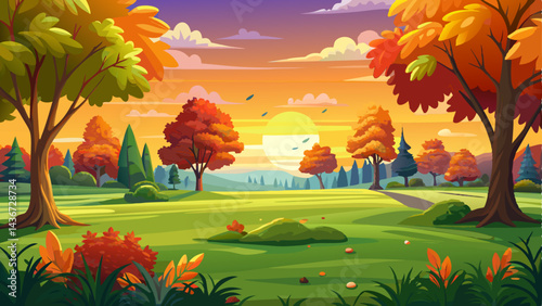 An expansive, lush green field with scattered autumn leaves, surrounded by vibrant, colorful trees under a clear sky with a picturesque sunset in the