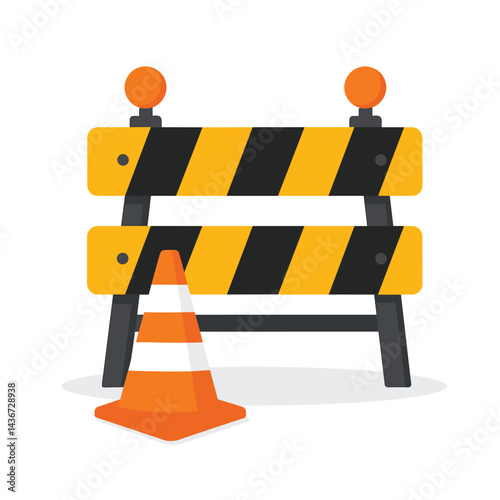 Construction Barrier and Orange Traffic Cone Isolated on White Background