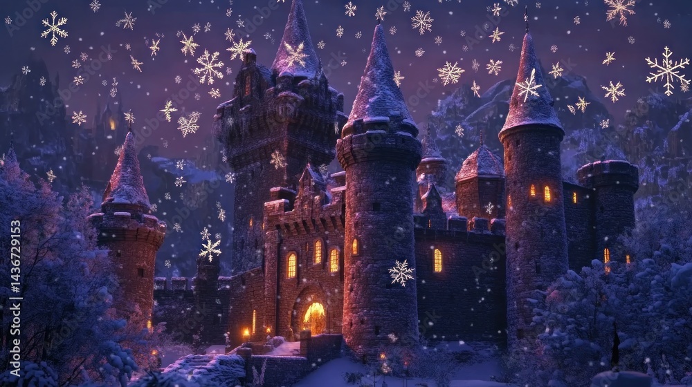Obraz premium Snowy castle at night, snowflakes falling