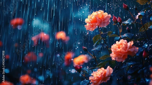 Rainy Day with Blossoming Roses and Droplets in Soft Focus