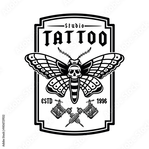 Vintage tattoo studio emblem with moth and tattoo machine. Classic blackwork vector illustration in gothic and old school style. Perfect for tattoo designs, prints, and artistic compositions