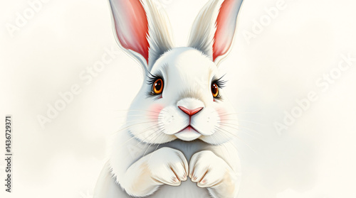 Cute white furry rabbit with big ears and eyes, playful and cheerful.